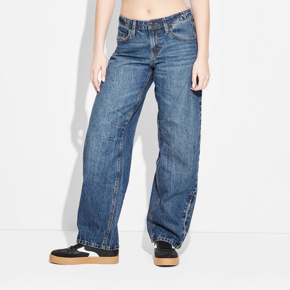 Women's Low-Rise Barrel Jeans - Wild Fable™ Dark Wash 12: Cotton , Relaxed Fit, Fly Zipper Product Image