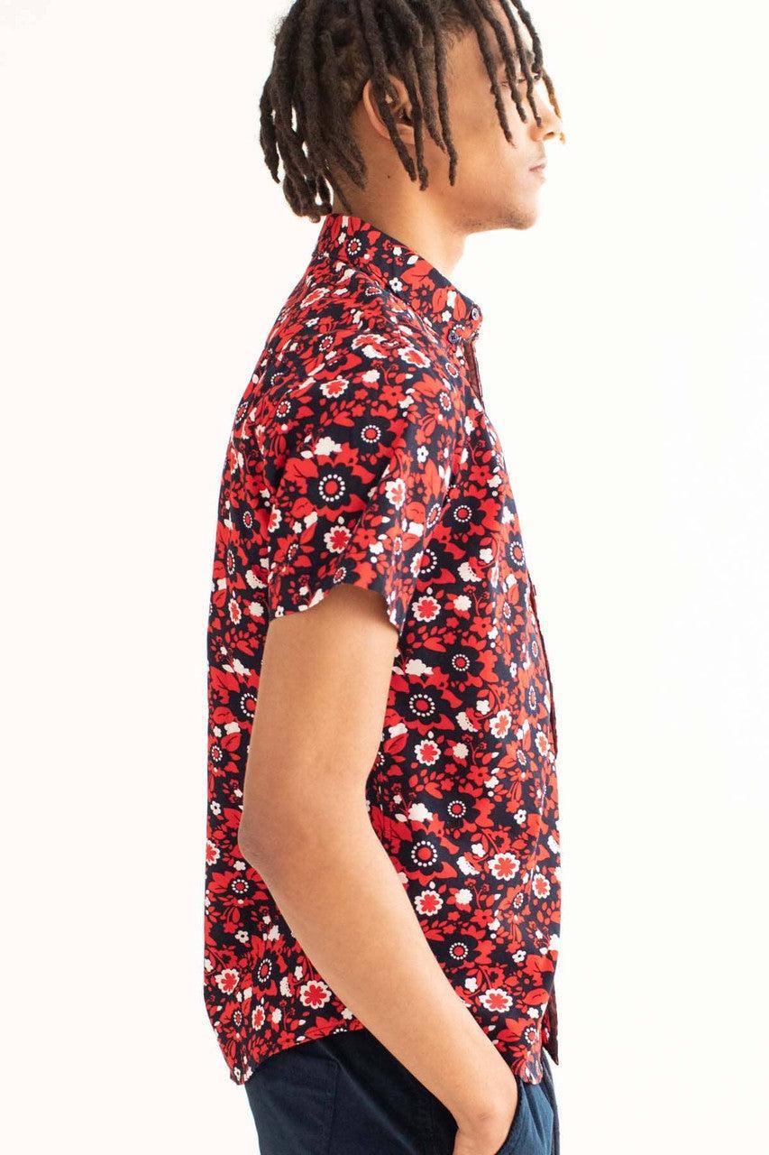 Navy & Red Ditsy Floral Woven Button Up Shirt Product Image