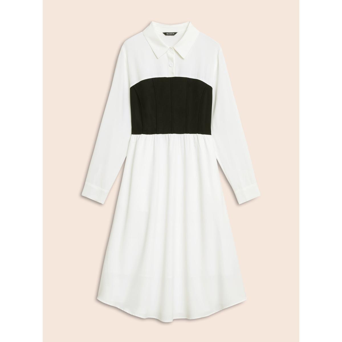 Plus Size Contrast Patchwork Pleated Midi Dress WhiteSmoke Women At the Office Contrast Shirt collar Long Sleeve Curvy BloomChic 12/L Product Image