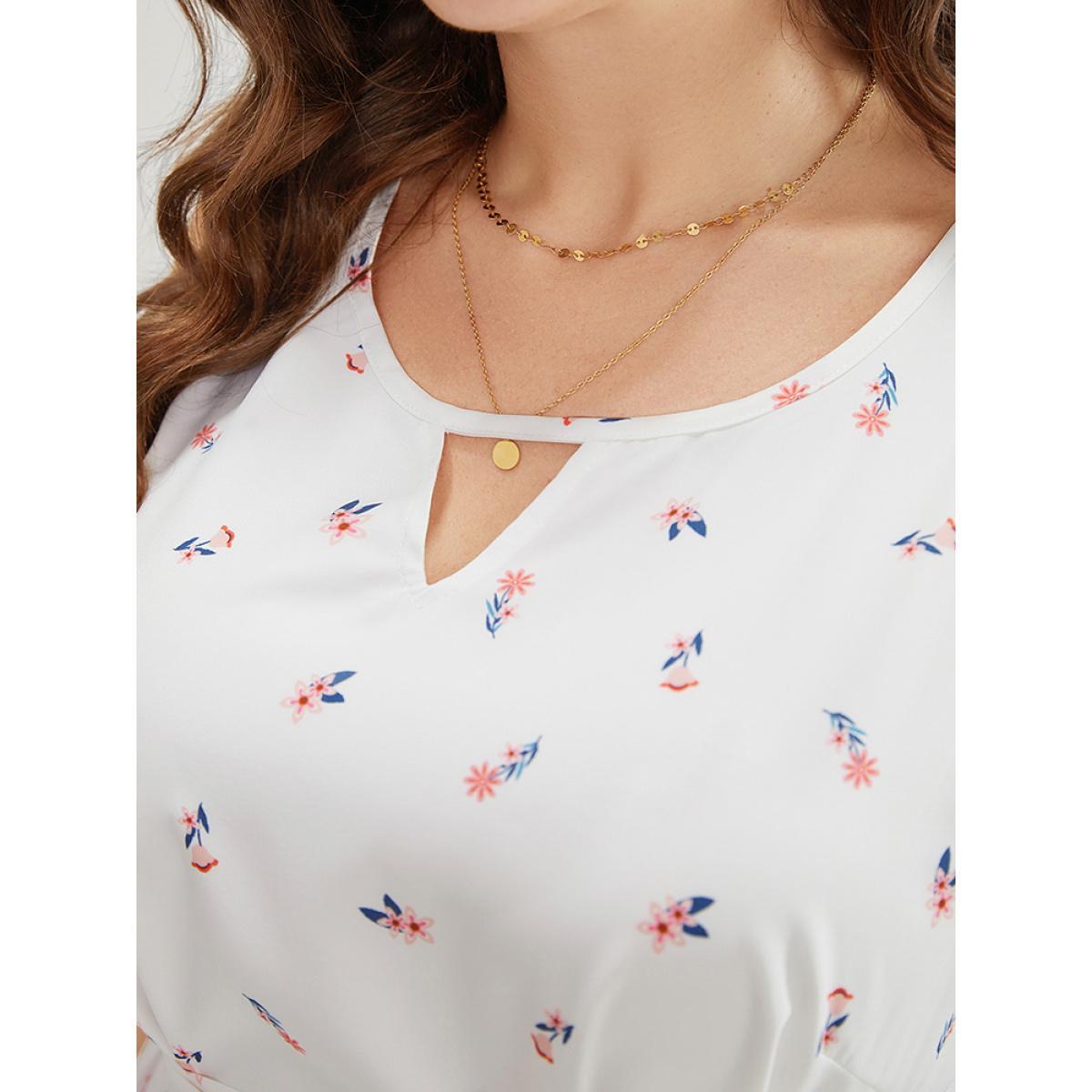 Plus Size Ditsy Floral Pocket Belted Keyhole Neck Flutter Tank Dress White Women Elegant Belted Keyhole Cut-Out Sleeveless Curvy Midi Dress BloomChic 30/6X Product Image