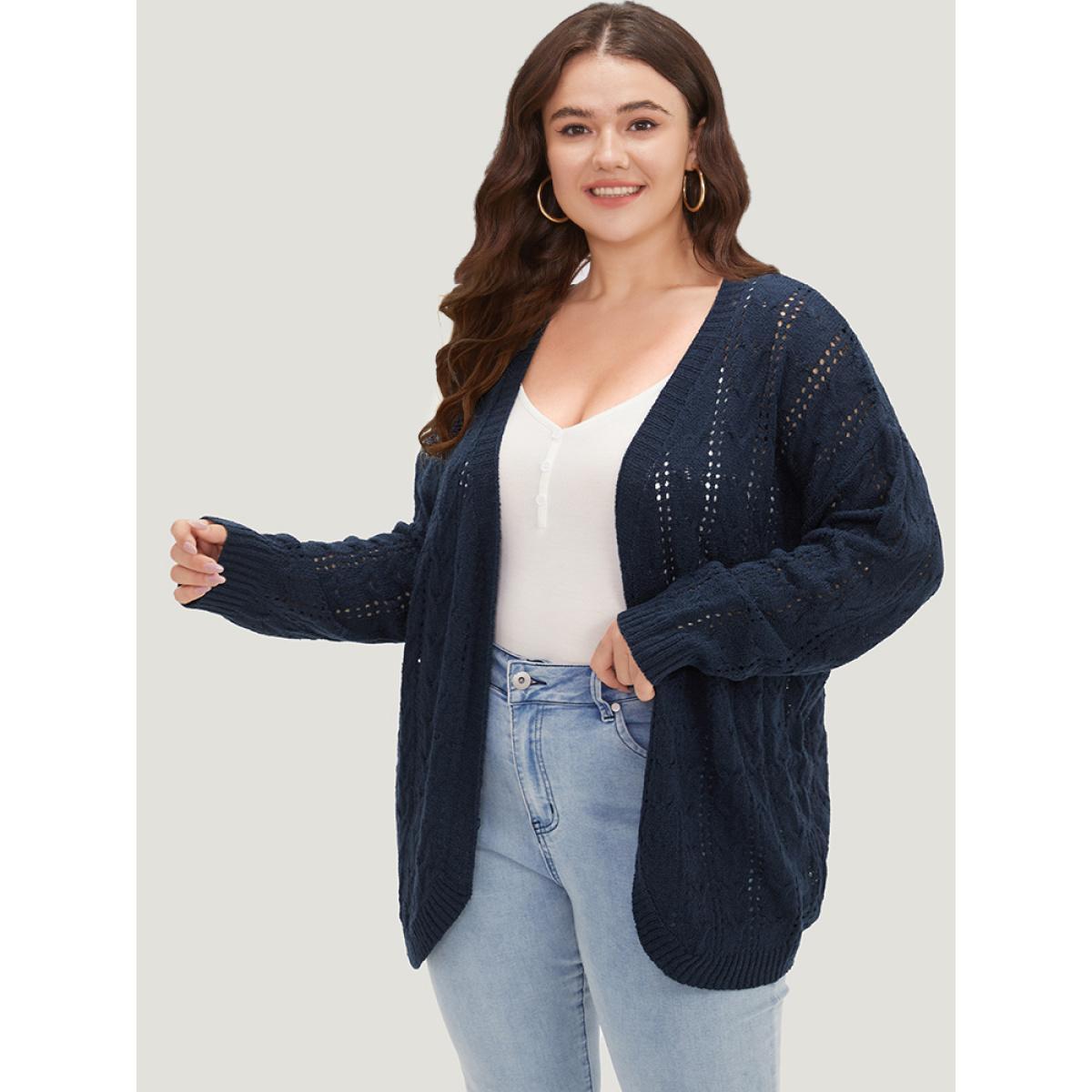 Plus Size Plain Eyelet Curved Hem Drop Shoulder Cardigan Indigo Women Casual Loose Long Sleeve Everyday Cardigans BloomChic 28/5X Product Image