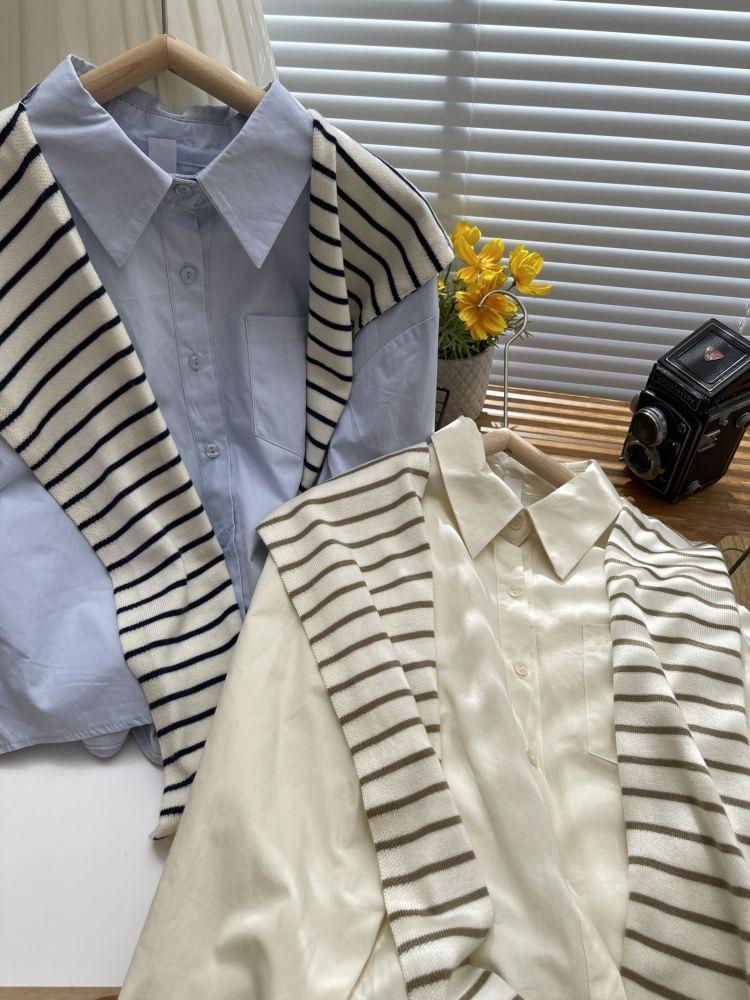 Set: Long-Sleeve Plain Button-Up Crop Shirt + Striped Knit Shawl Product Image
