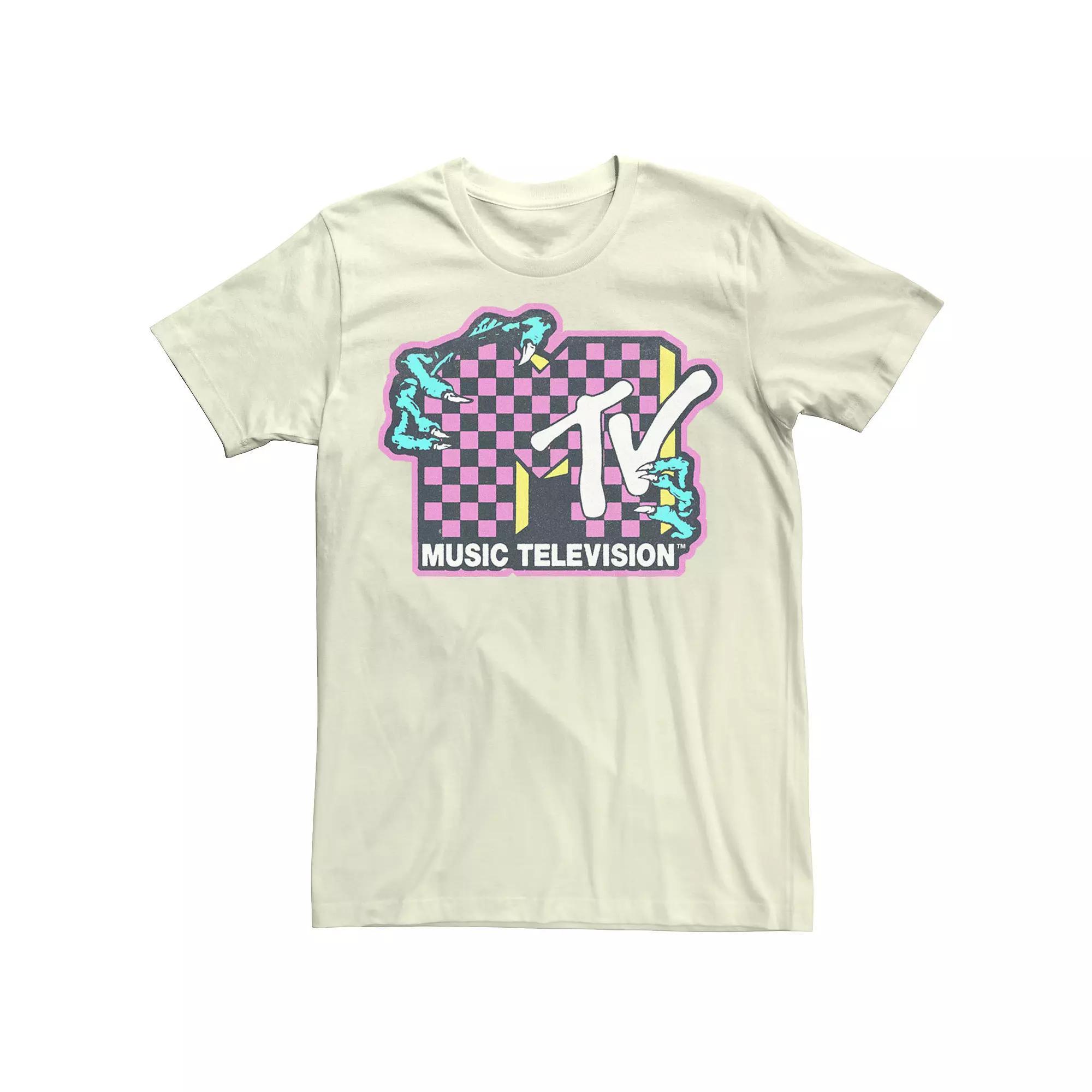 Men's MTV Checkered Faded Logo Zombie Hands Tee, Size: Medium, Natural Product Image