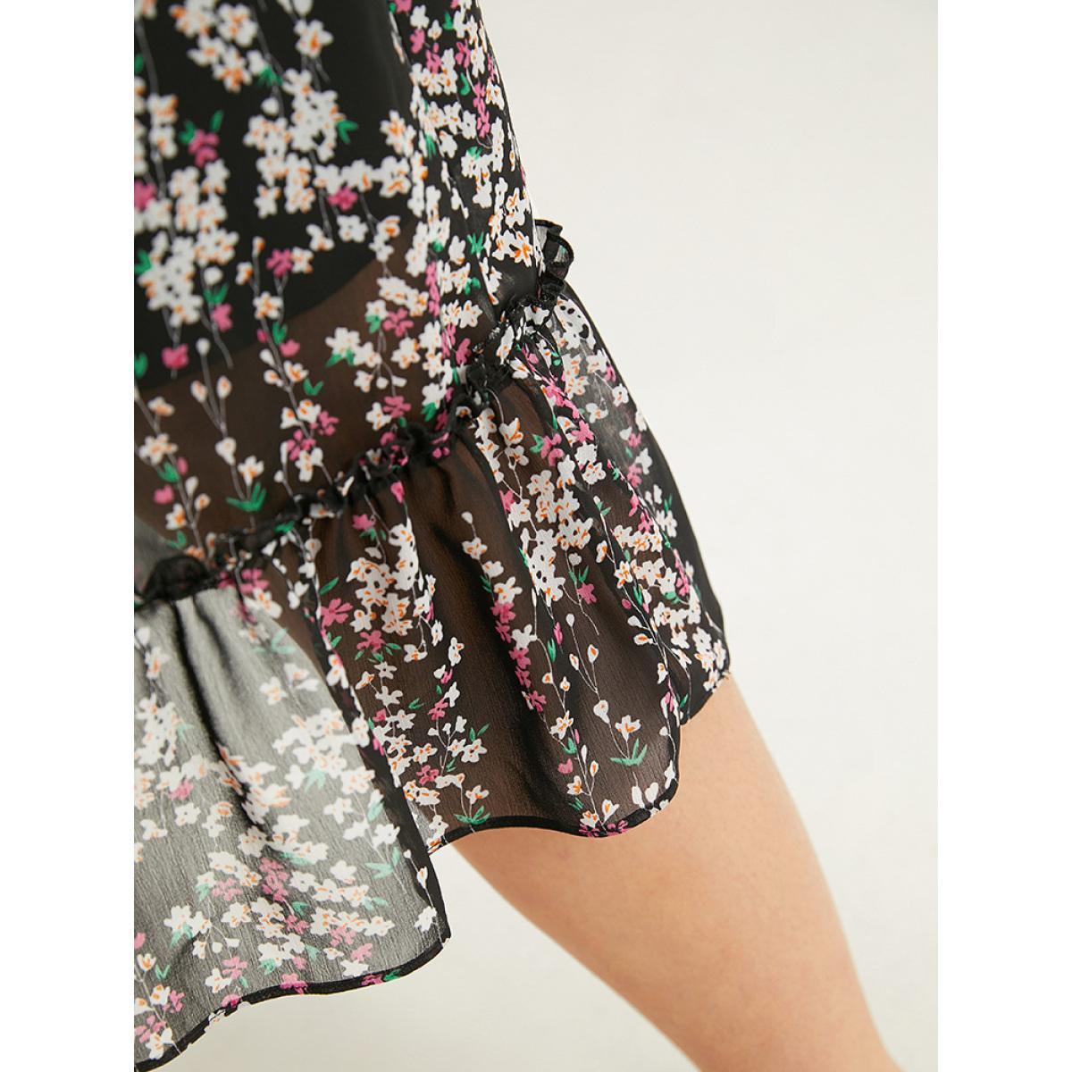 Plus Size Ditsy Floral Chiffon Patchwork Frill Trim Dress Black Women Elegant See through V-neck Long Sleeve Curvy Midi Dress BloomChic 10/M Product Image