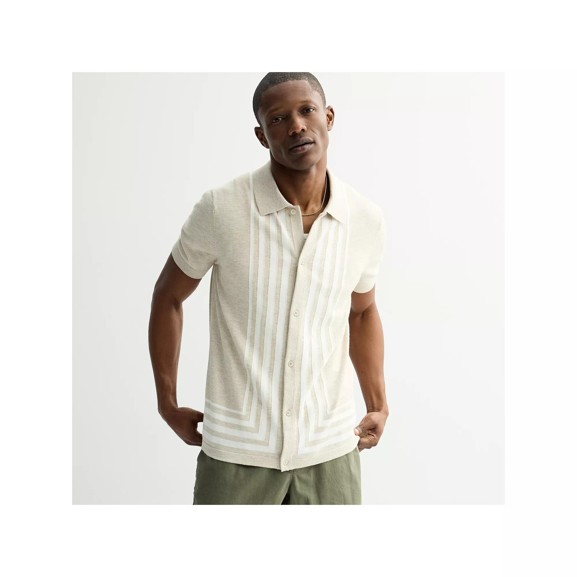Men's Apt. 9® Knit Button-Up Placement Stripe Shirt, Size: XL, Ivory Stripe Product Image