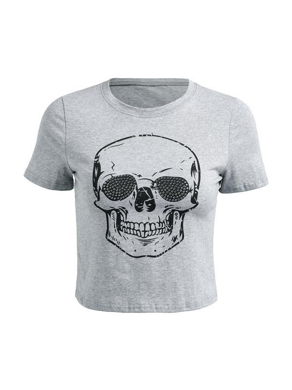 Skull Rhinestone Print Short Sleeve Tee Product Image
