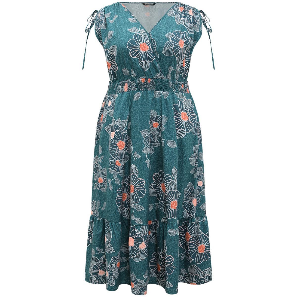 Plus Size Floral Print Shirred Overlap Collar Drawstring Dress Teal Women Vacation Printed V-neck Short sleeve Curvy Midi Dress BloomChic 22-24/3X Product Image
