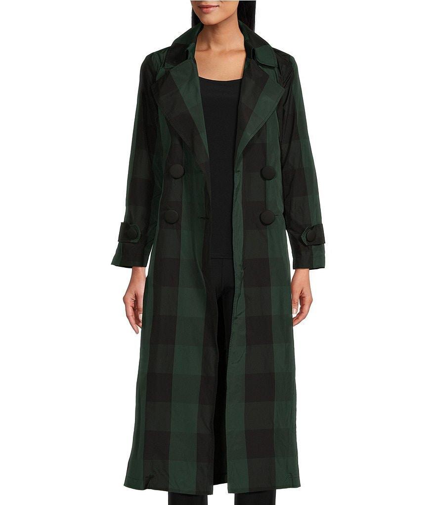 IC Collection Woven Gingham Stand Collar Bracelet Sleeve Pocketed Button-Front Tartan Trench Jacket Product Image