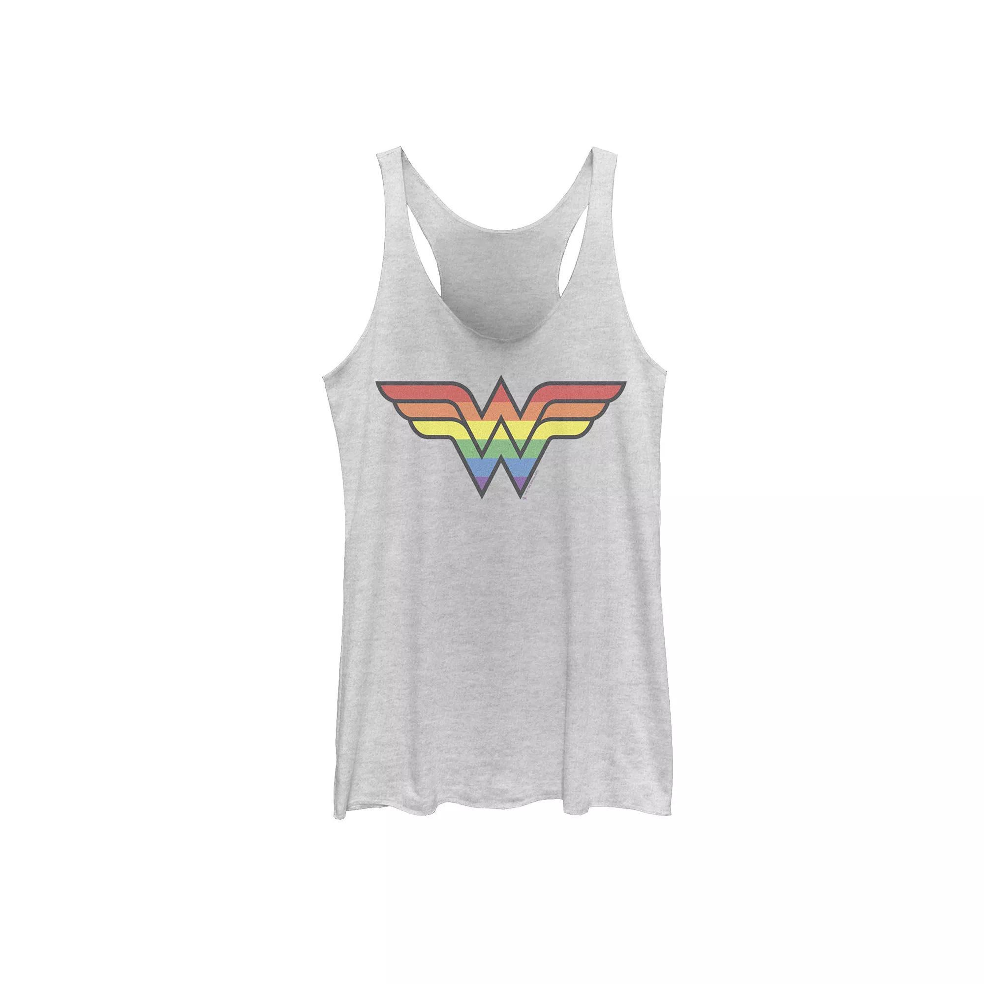 Juniors Wonder Woman Rainbow Striped Logo Tank Top, Girls Black Grey Product Image