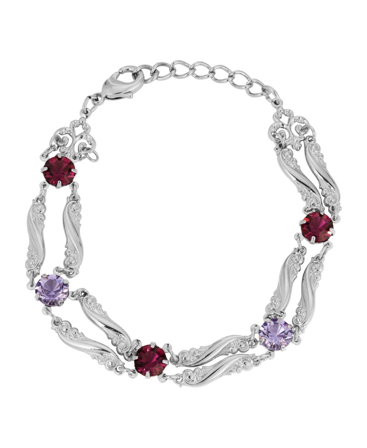 1928 Silver Tone Textured Link Crystal Bracelet, Women's, Blue Product Image