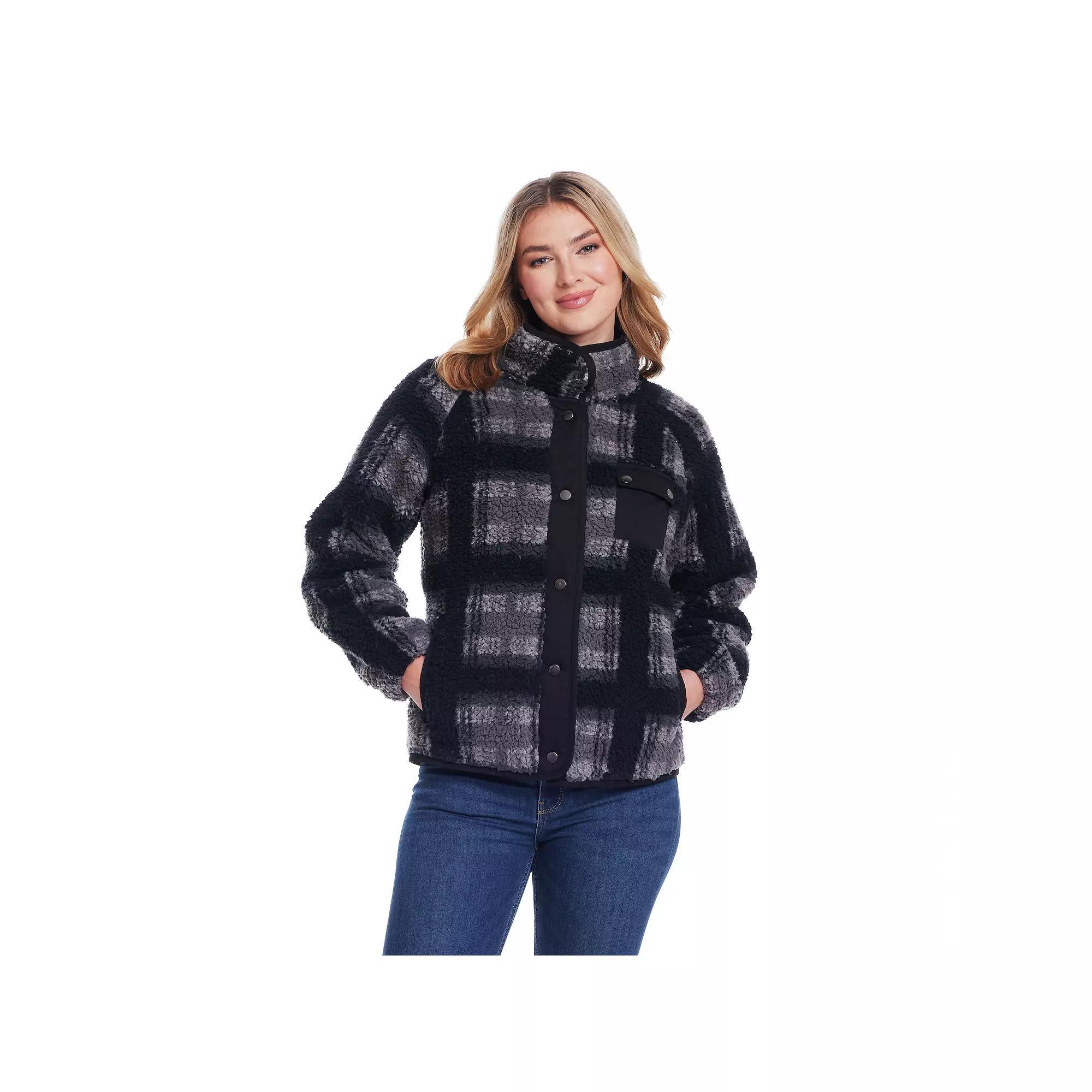 Women's Weathercast Snap Front Bonded Sherpa Fleece Jacket, Size: Medium, Grey Plaid Product Image