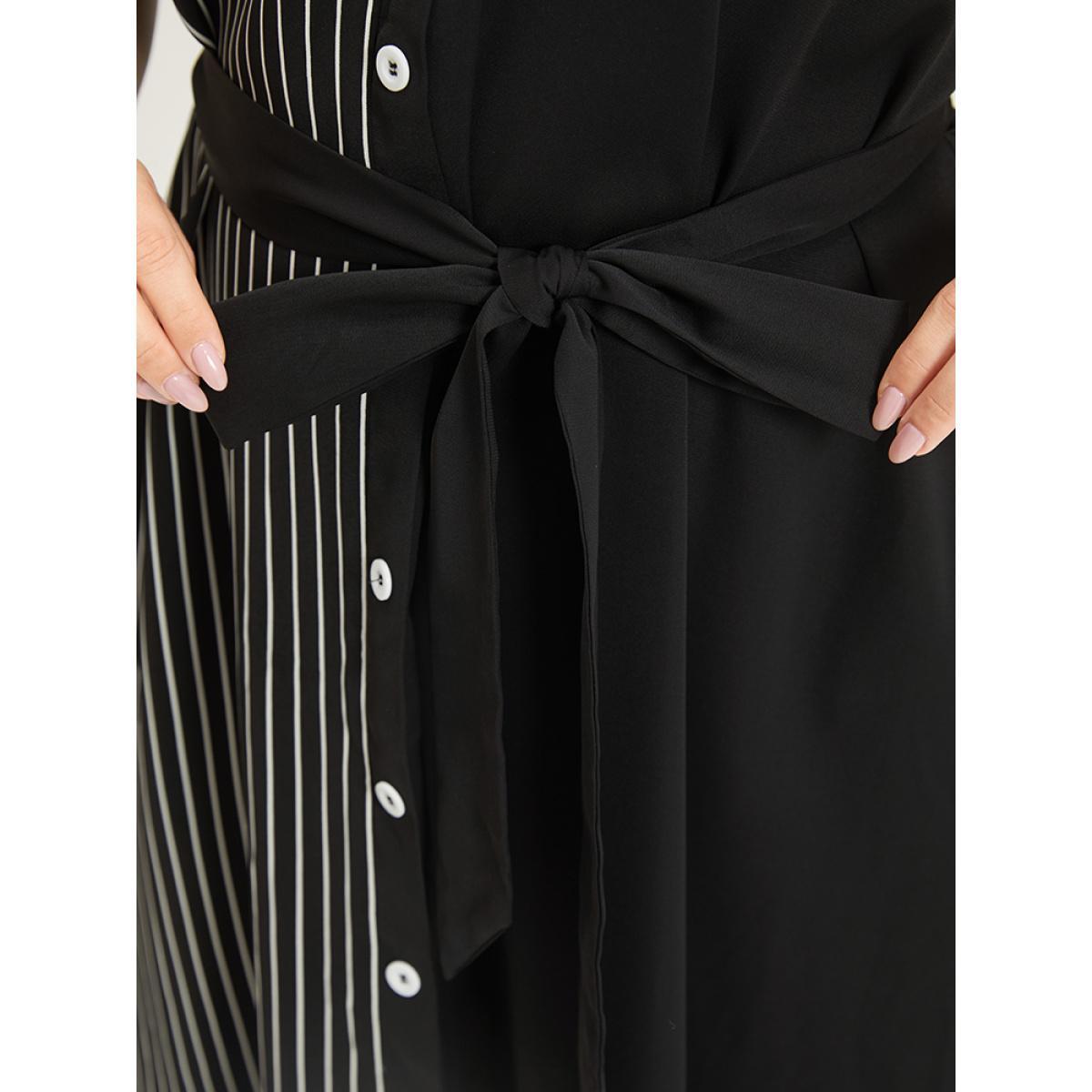 Plus Size Striped Patchwork Pocket Button Detail Belted Dress Black Women Office Plain V-neck Short sleeve Curvy Midi Dress BloomChic 30/6X Product Image