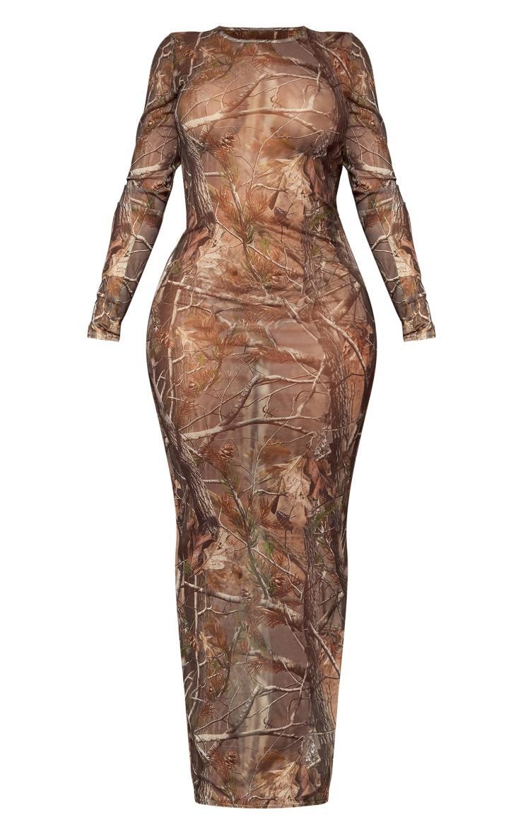 Shape Khaki Abstract Camo Print Long Sleeve Maxi Dress Product Image