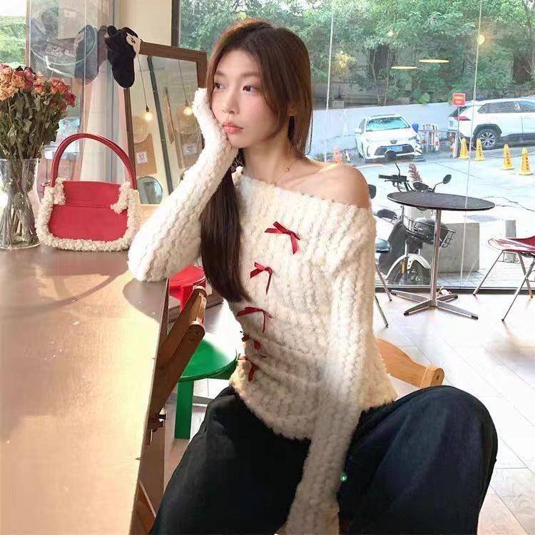 Long-Sleeve Off-Shoulder Bow Knit Top Product Image
