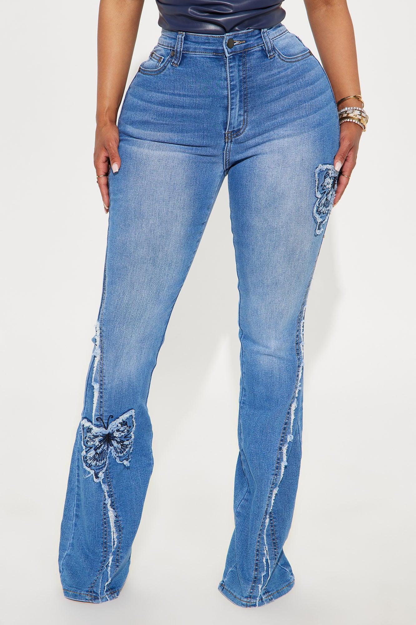 Fluttering Butterfly Embroidered Flare Jeans - Medium Wash Product Image