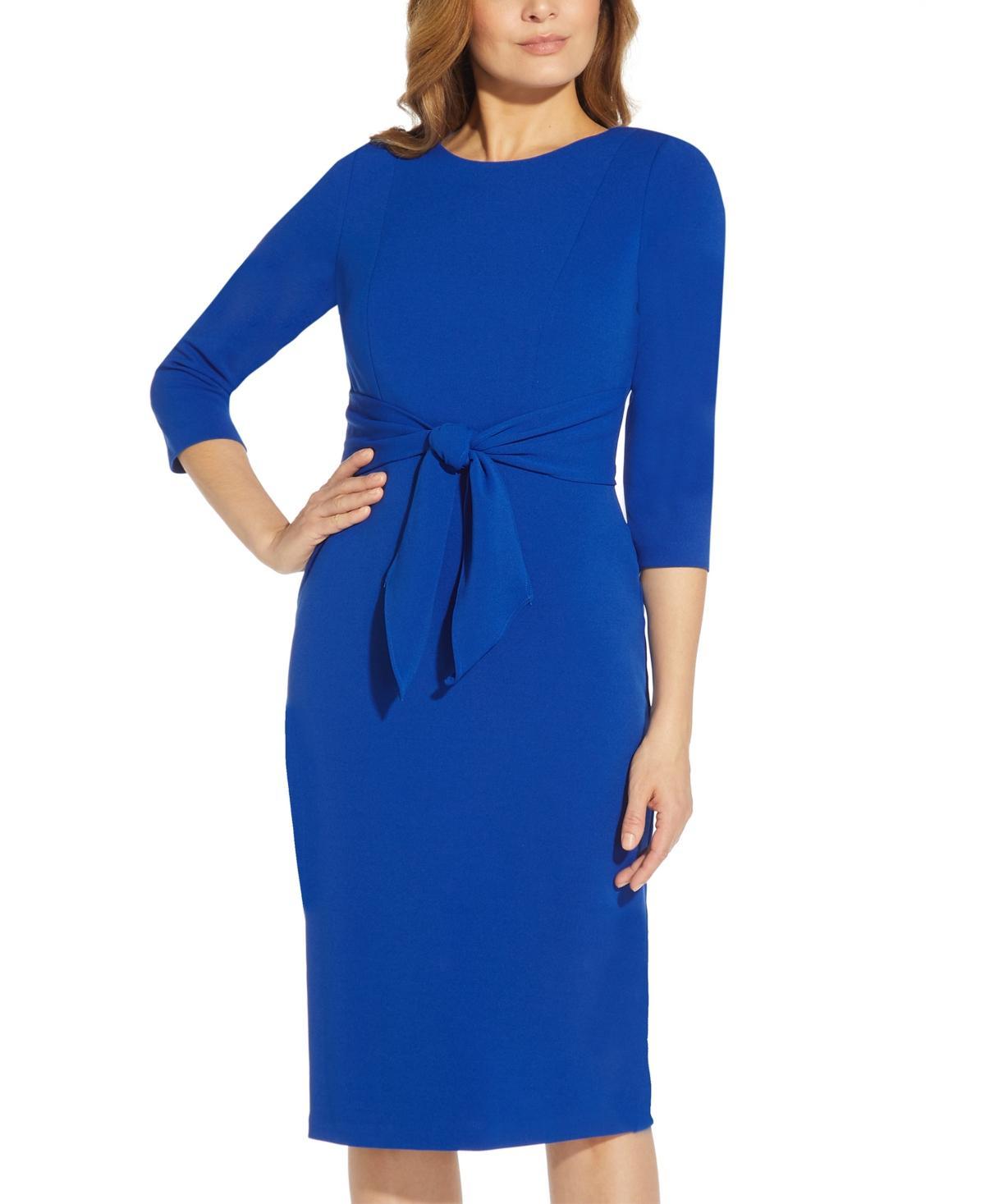 Adrianna Papell Stretch Crepe Crew Neck Tie Waist 34 Sleeve Midi Sheath Dress Product Image