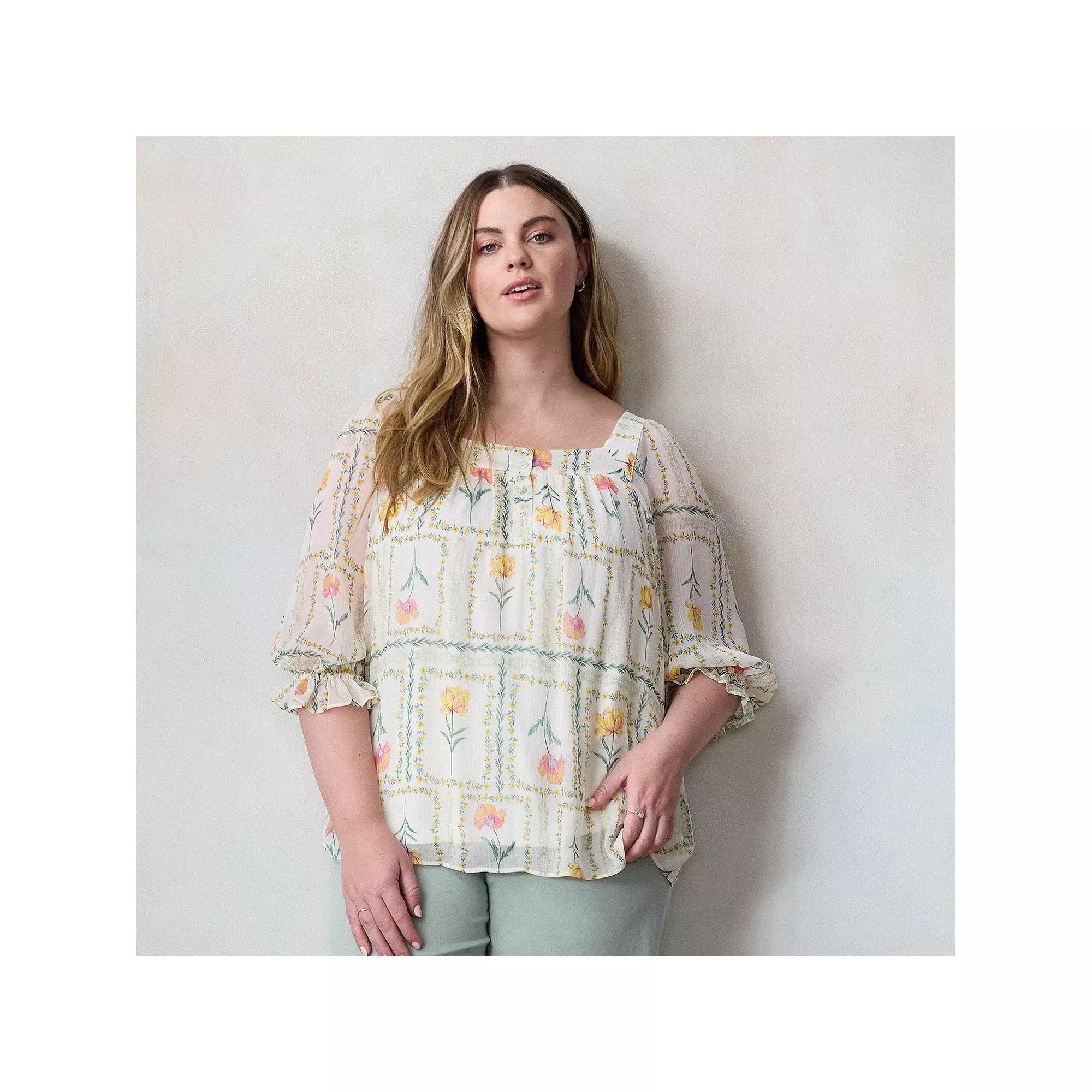 Plus Size LC Lauren Conrad Henley Square Neck Peasant Top, Womens Product Image