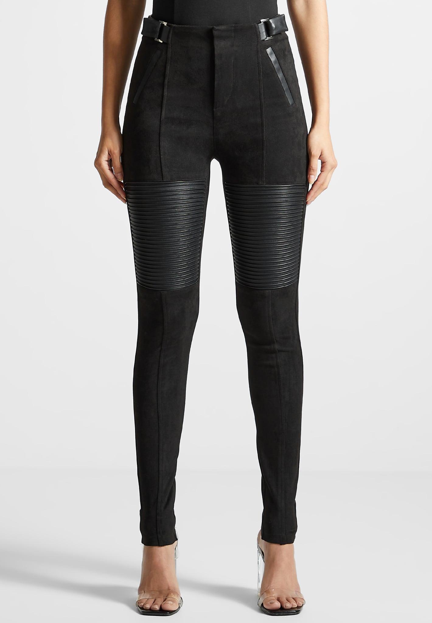 Leather and Suede Ribbed Leggings - Black Female Product Image