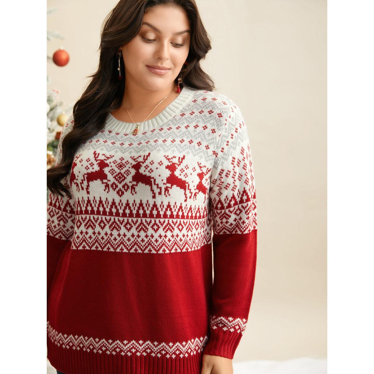 Plus Size Supersoft Essentials Reindeer Print Round Neck Pullover Scarlet Women Elegant Loose Long Sleeve Round Neck Everyday Pullovers BloomChic 22-24/3X Product Image