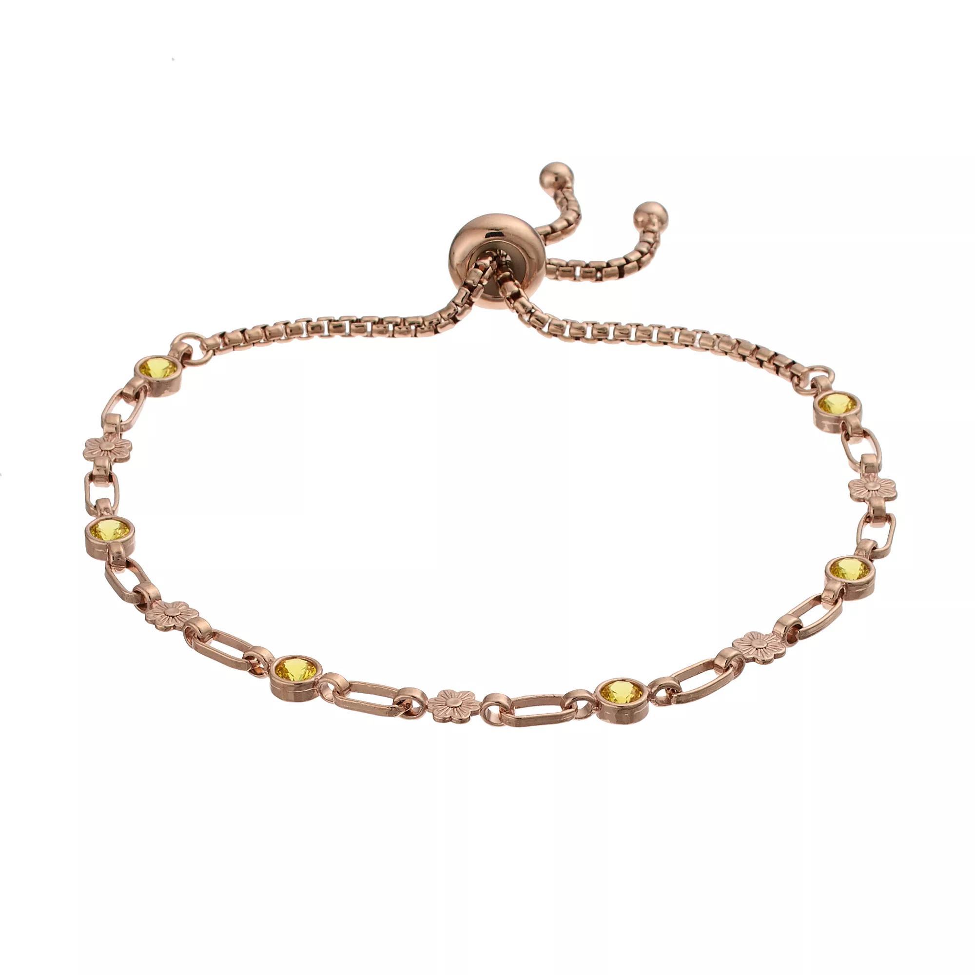 Kristen Kesho Sterling Silver Lab-Created Yellow Sapphire & Flower Link Adjustable Bolo Bracelet, Women's, Size: 9.50, Gold Tone Product Image