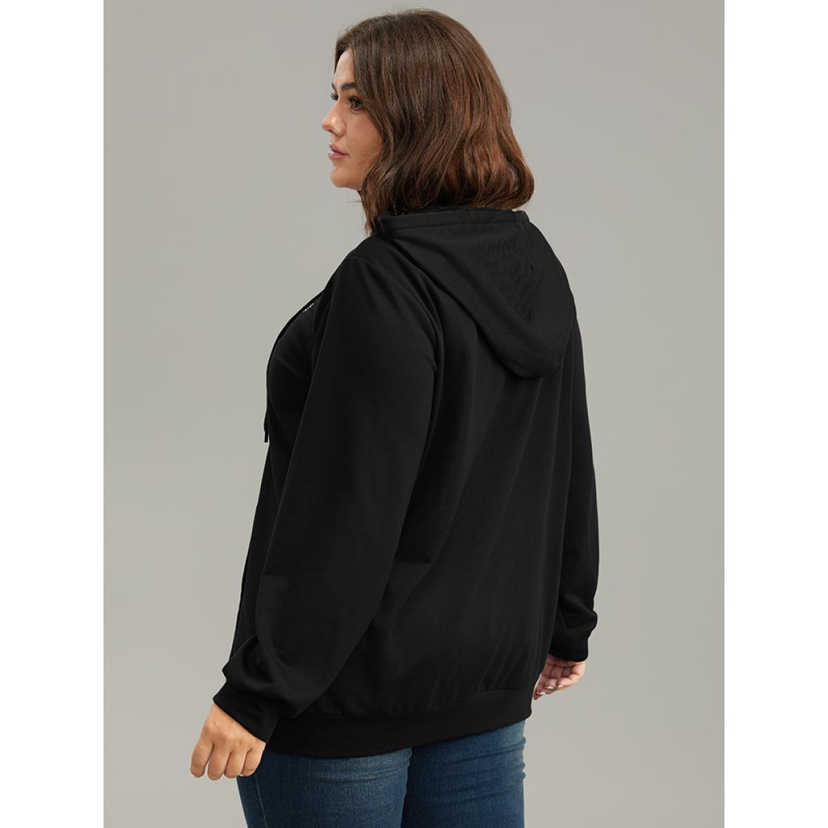 Plus Size Boho Embroidered Pocket Hooded Drawstring Sweatshirt Women Black Casual Embroidered Hooded Dailywear Sweatshirts BloomChic 22-24/3X Product Image
