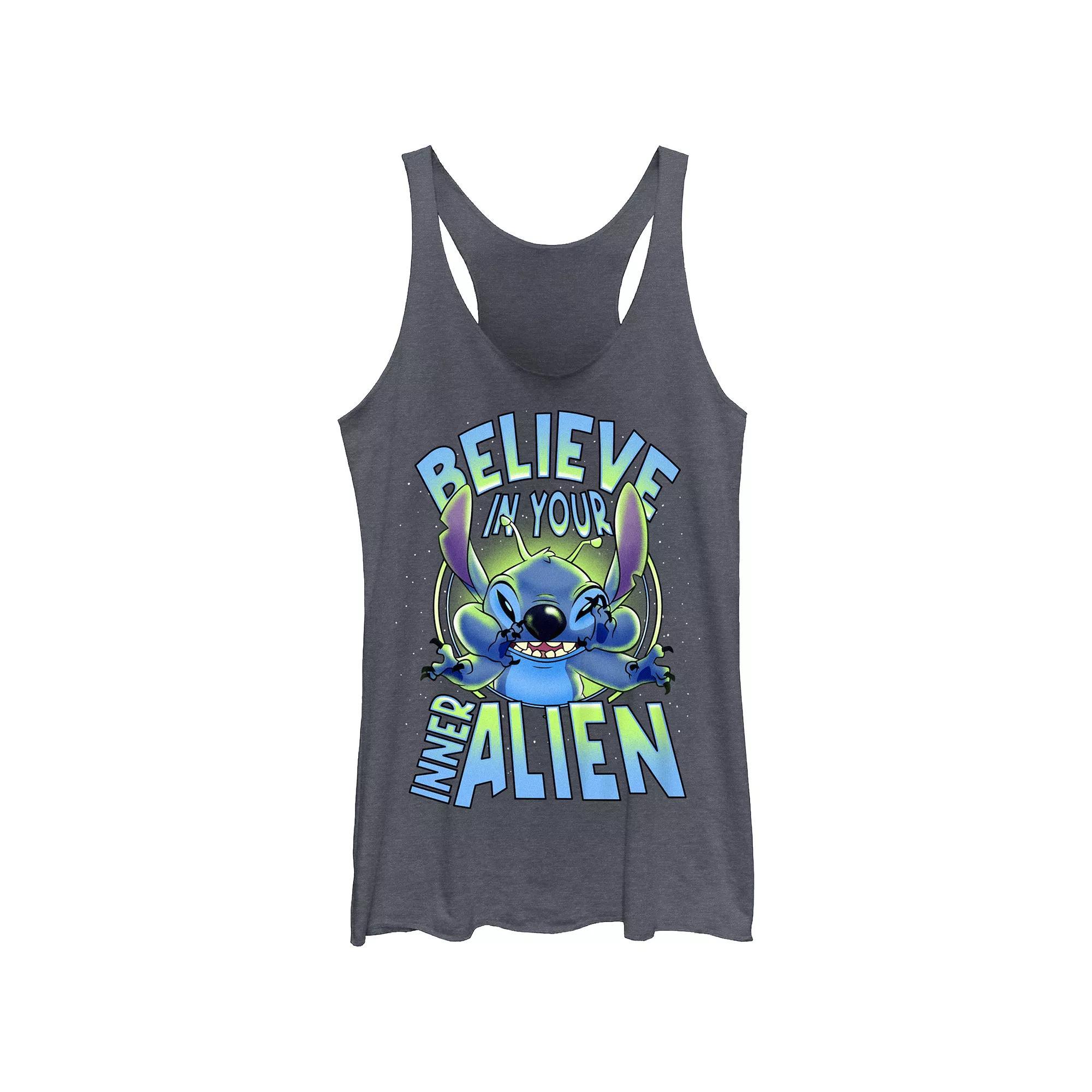 Disney's Lilo & Stitch Women's Believe In Your Inner Alien Stitch Tri-Blend Racerback Tank Top, Girl's, Size: XS, Navy Grey Product Image