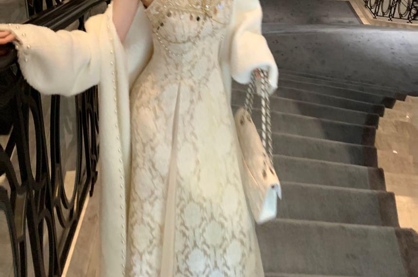 Spaghetti Strap V-Neck Pattern Jacquard Fringed Maxi A-Line Dress / Plain Faux Pearl Accent Long Cardigan / Set Product Image