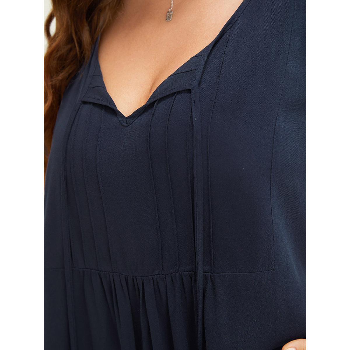 Plus Size Indigo Solid Pleated Detail Tie Neck Ruffle Blouse Women Office Short sleeve Tie Neck Dailywear Blouses BloomChic 22-24/3X Product Image