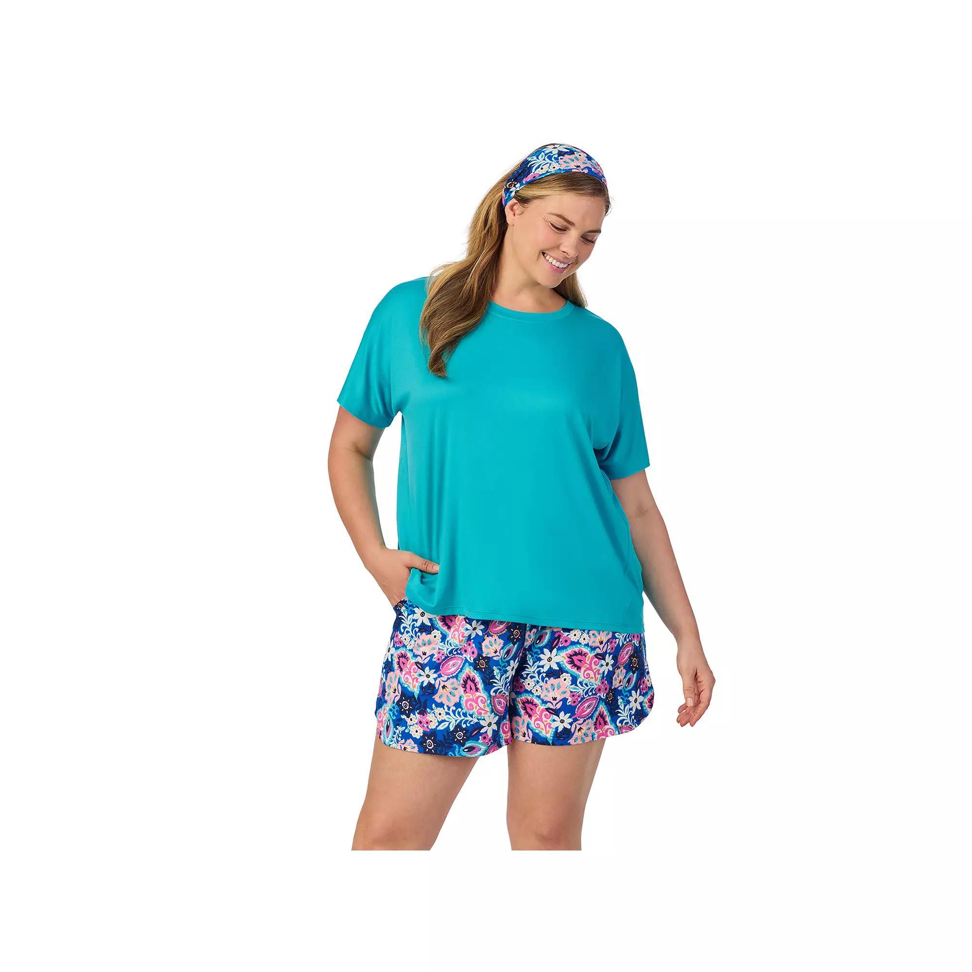 Plus Size Cuddl Duds® Short Sleeve Pajama Top & Pajama Shorts Set with Matching Headband, Women's, Size: 1XL, Blue Ethnic Floral Product Image