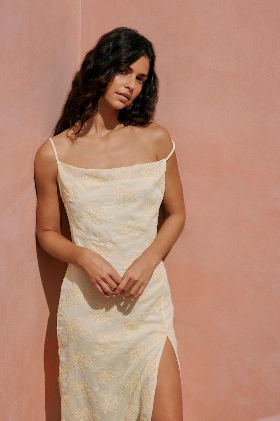 Lovely Existence Light Yellow Embroidered Cowl Neck Midi Dress Product Image