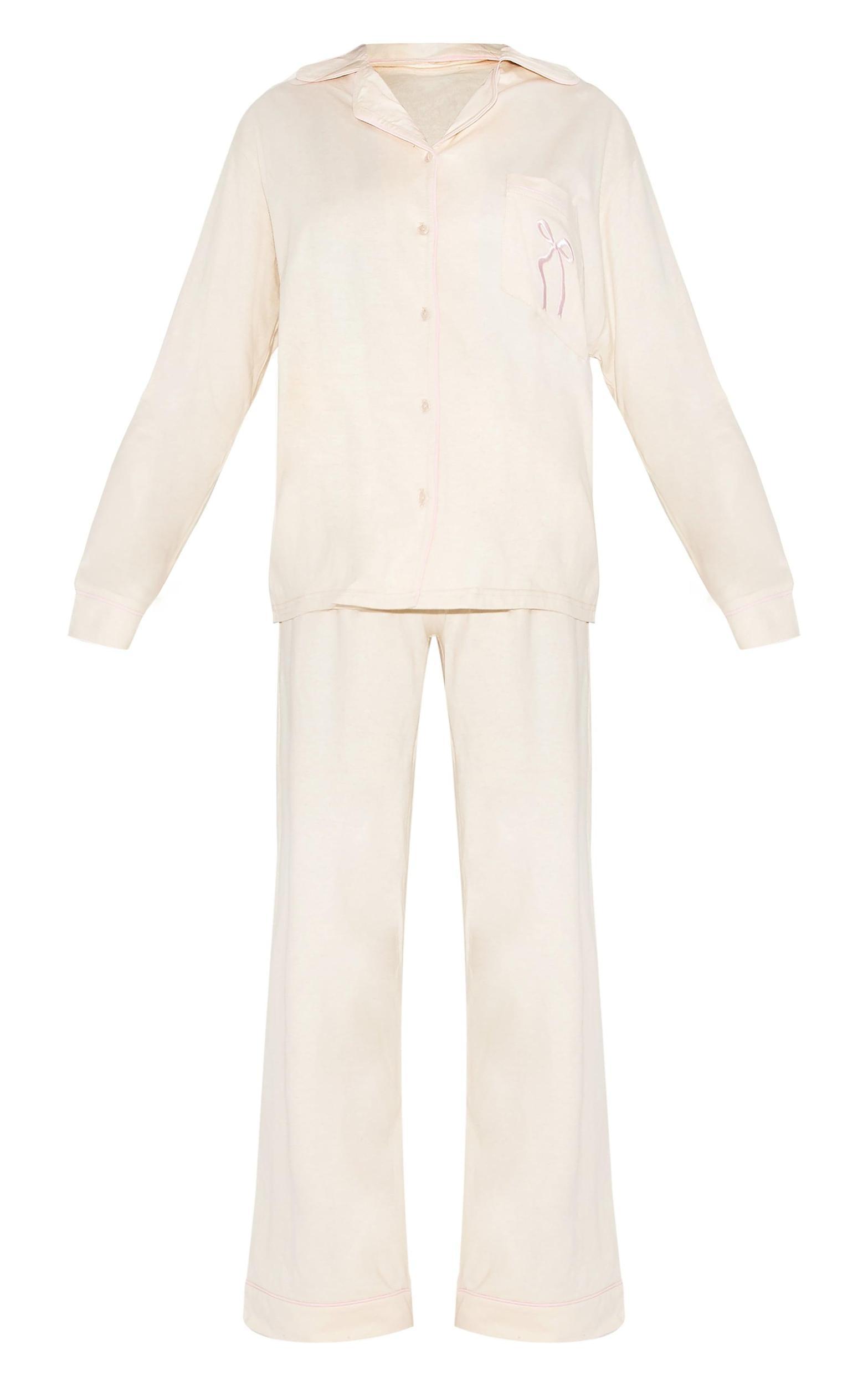 Cream Bow Embroidered Jersey Contrast Piping Long Pj Set Product Image