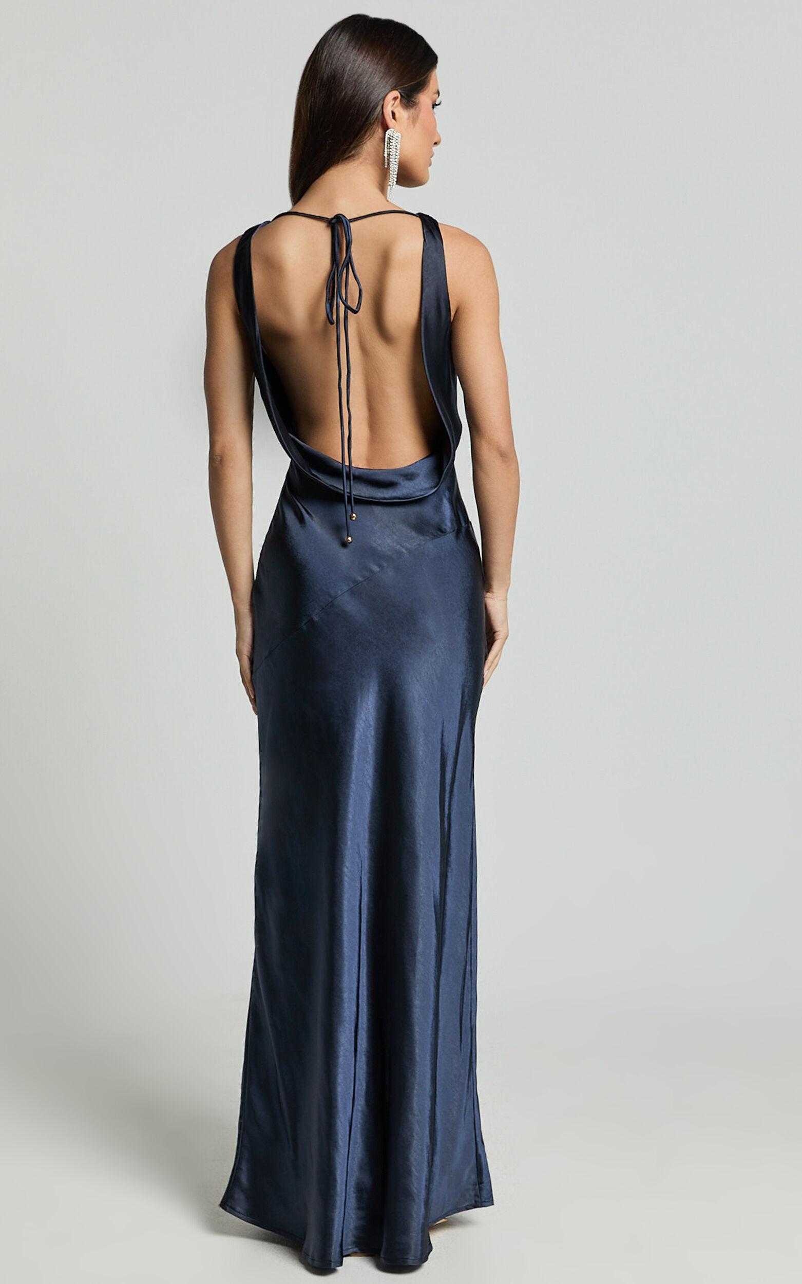 Adilah Maxi Dress - Cowl Neck Satin Dress in Navy Product Image
