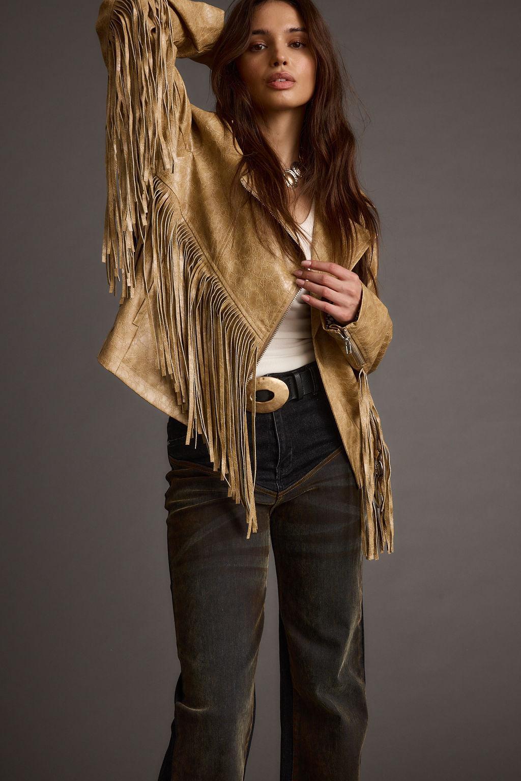 Phoenix Taupe Vegan Leather Moto Fringe Jacket Product Image