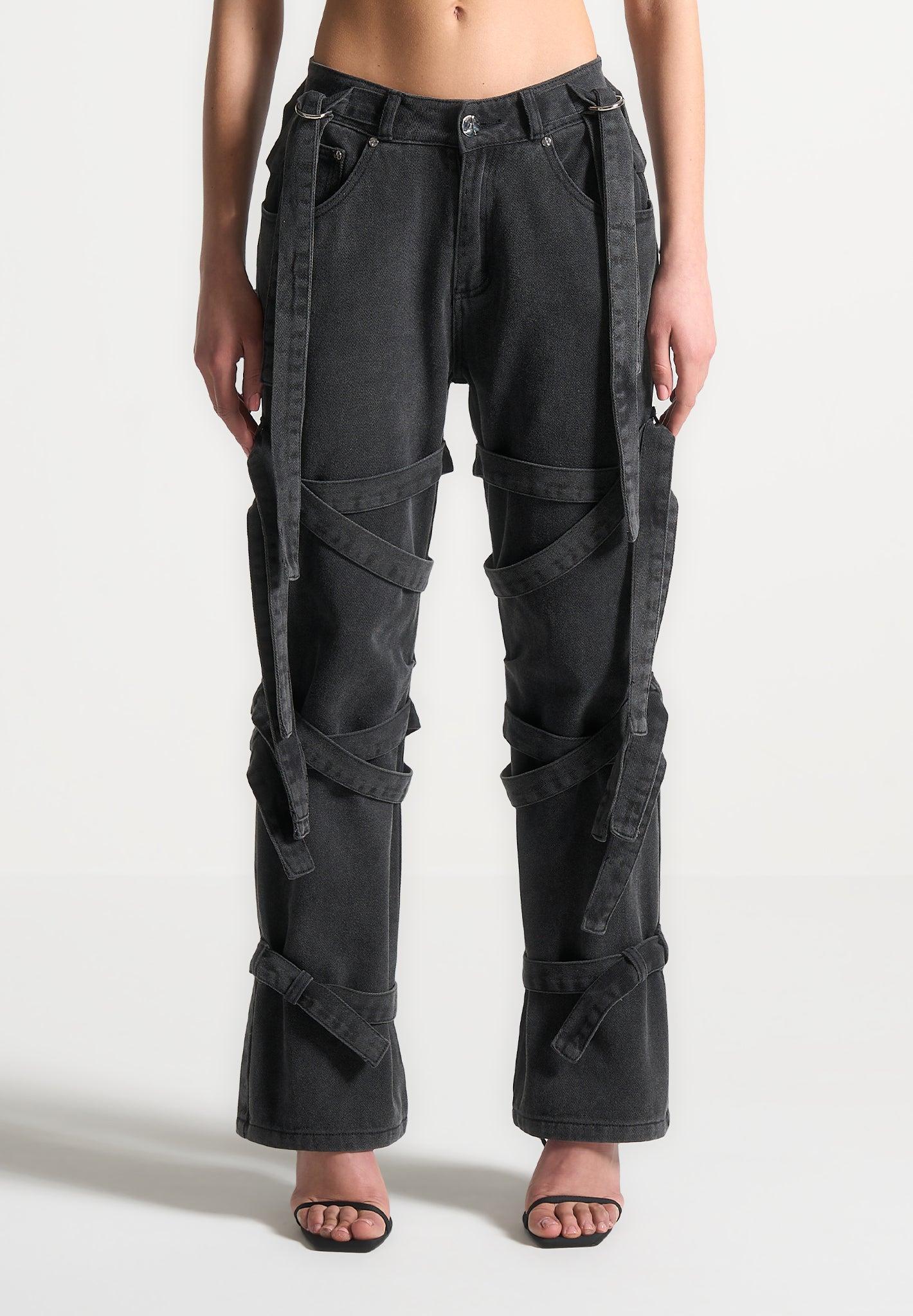 Denim Strap Cargo Jeans - Washed Black Female Product Image
