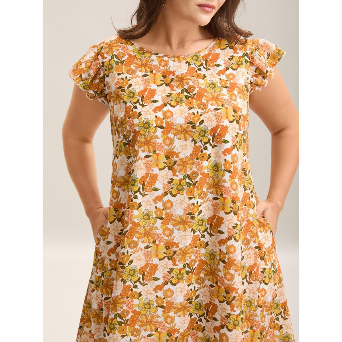 Plus Size Sunkissed Floral Print Flutter Sleeve Midi Dress Brightorange Women Round Neck Cap Sleeve Curvy BloomChic 30/6X Product Image