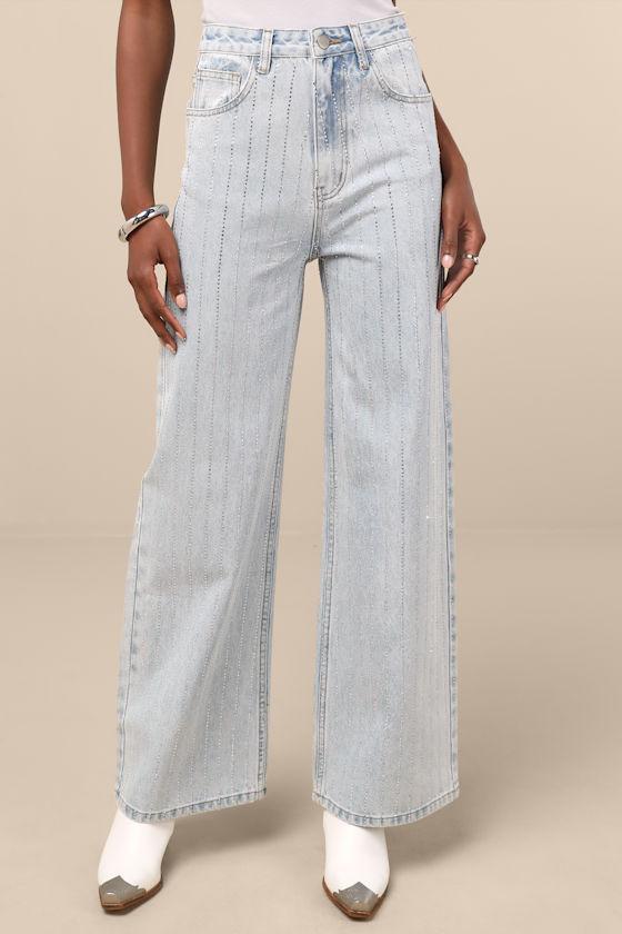 Danice Light Wash Denim Rhinestone Straight Leg Jeans Product Image