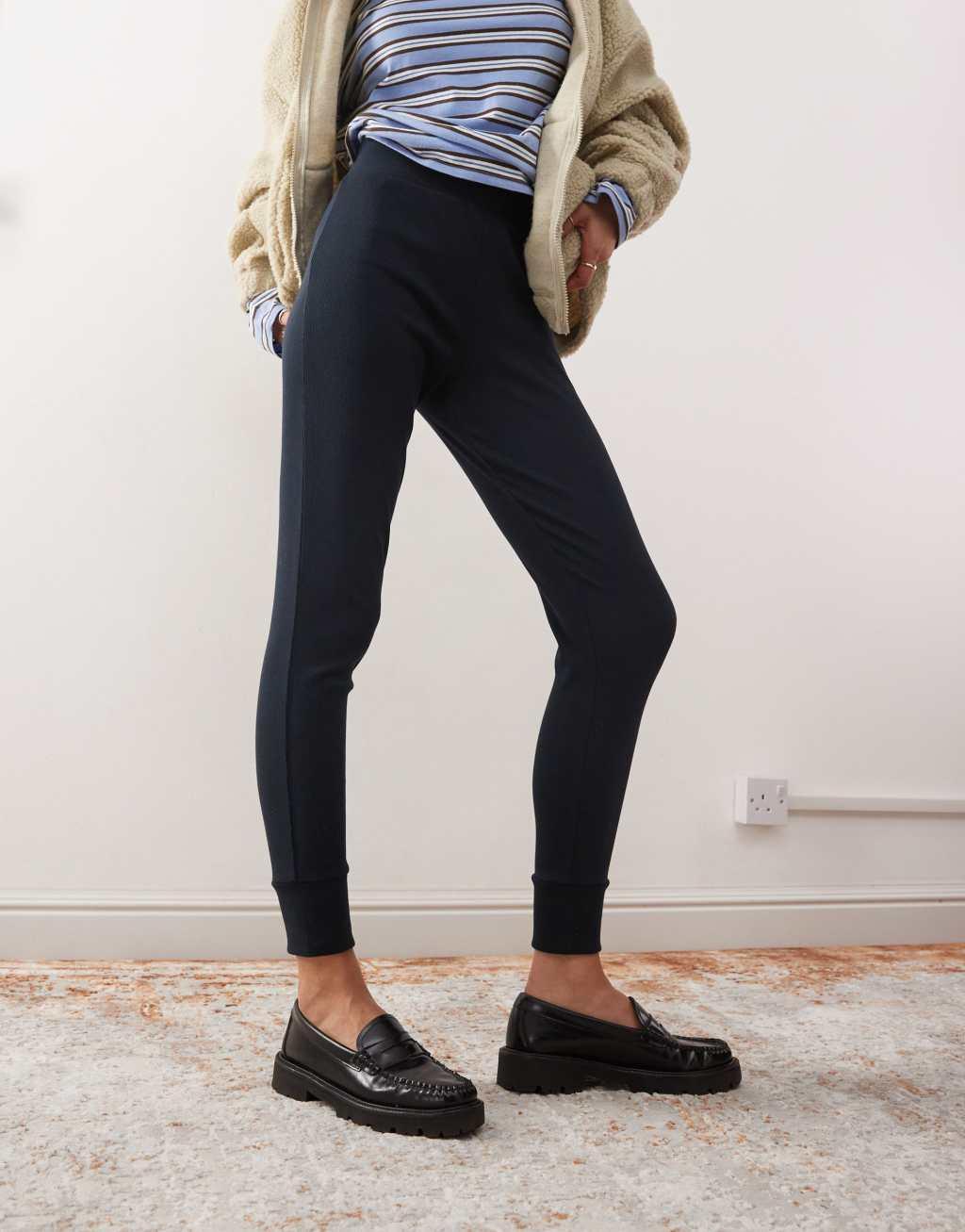 COLLUSION heavyweight ribbed leggings in dark gray with deep cuff Product Image