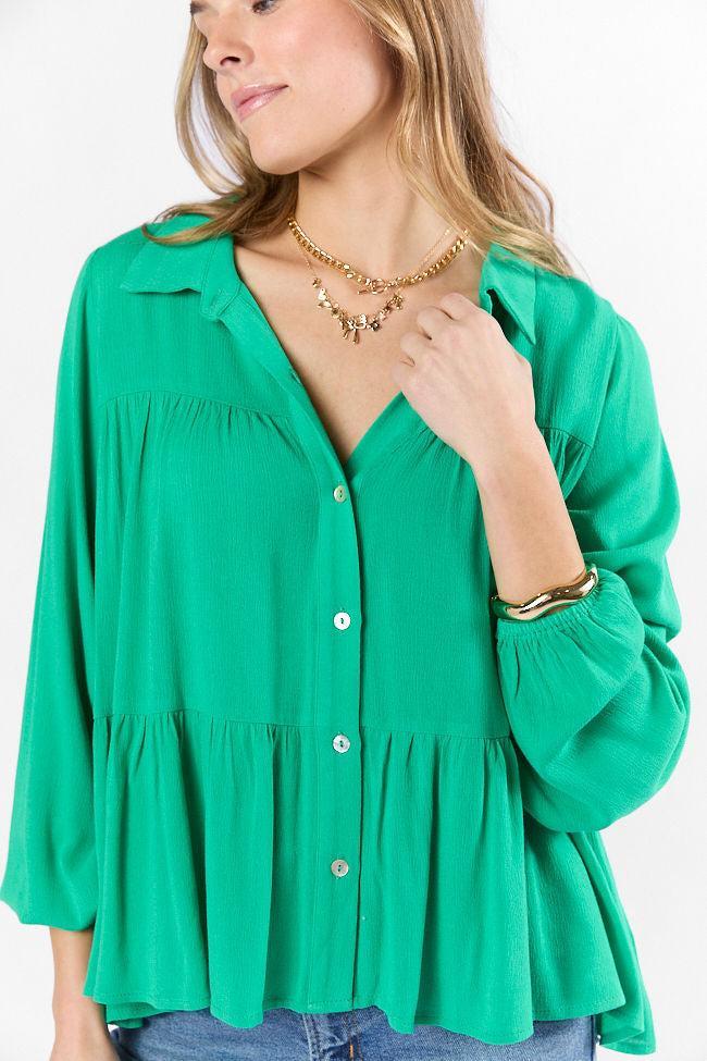Something Good Green Tiered Relaxed Button Down Blouse SALE Product Image