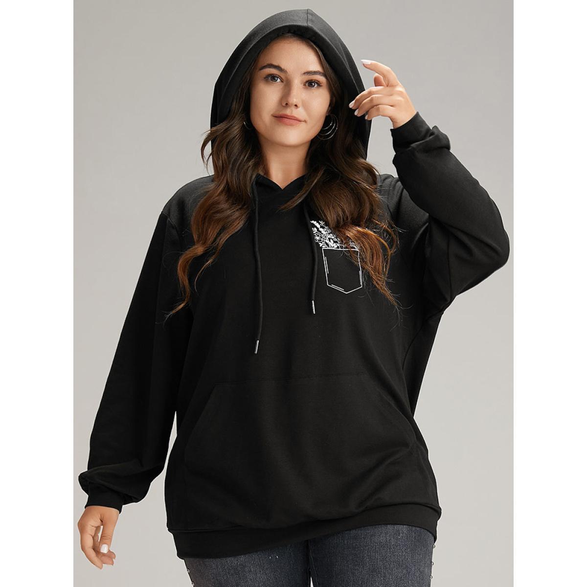 Plus Size Floral Print Pocket Hooded Drawstring Sweatshirt Women Black Casual Elastic cuffs Dailywear Sweatshirts BloomChic 10/M Product Image
