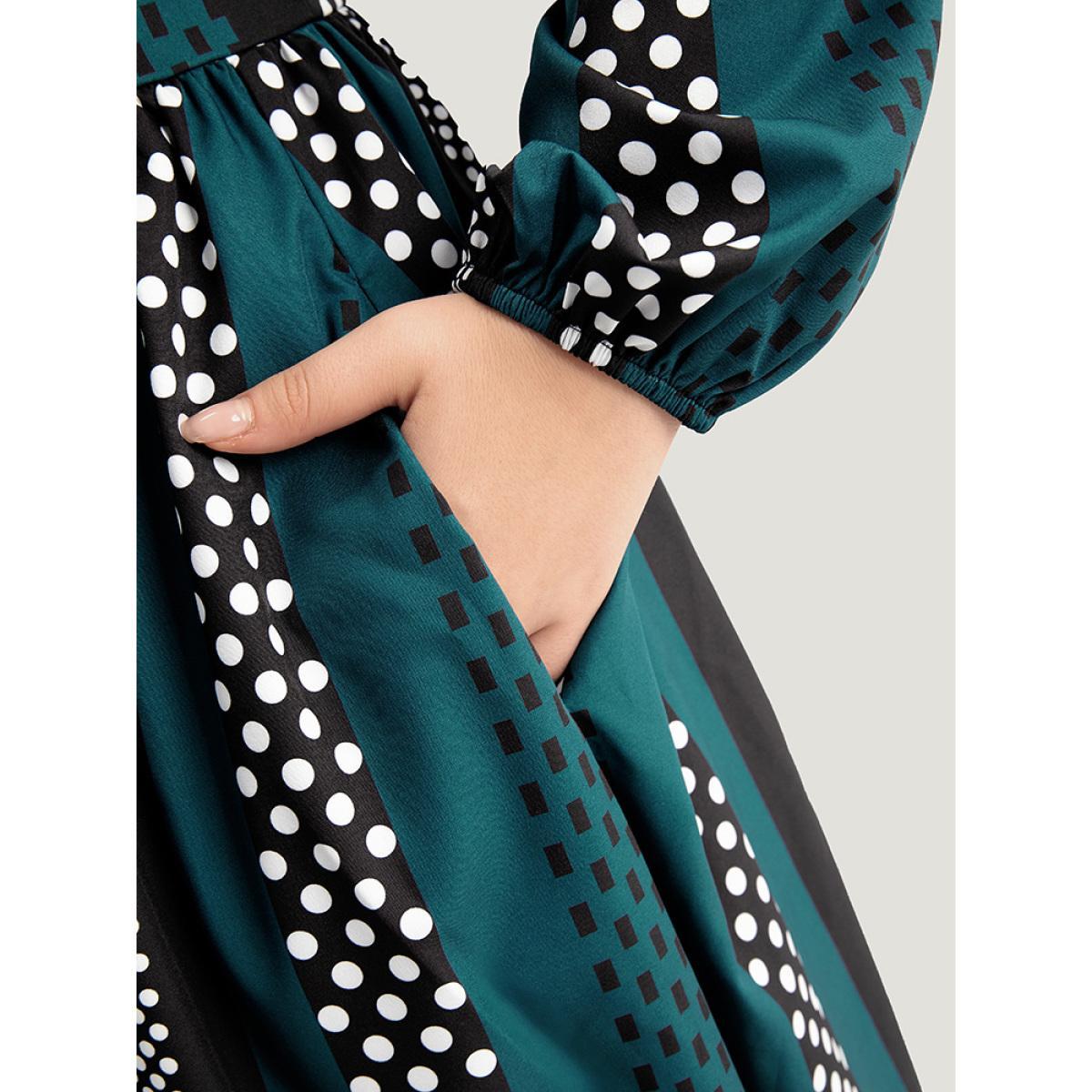 Plus Size Polka Dot Patchwork Striped Pleated Lantern Sleeve Dress Aegean Women At the Office Elastic cuffs Round Neck Long Sleeve Curvy Midi Dress BloomChic 28/5X Product Image