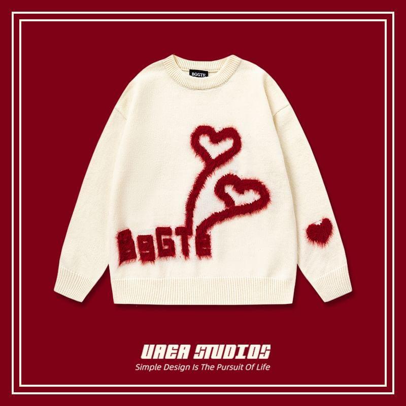 Couple Matching Crew Neck Lettering Heart Patterned Sweater Product Image