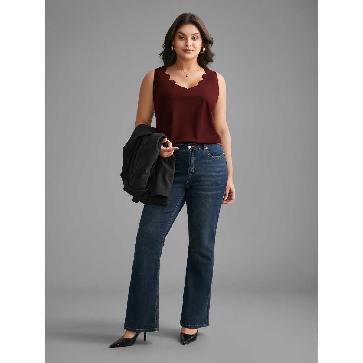 Plus Size Solid V Neck Laser Cut Tank Top Women Burgundy Elegant Non V-neck Everyday Tank Tops Camis BloomChic 18-20/2X Product Image