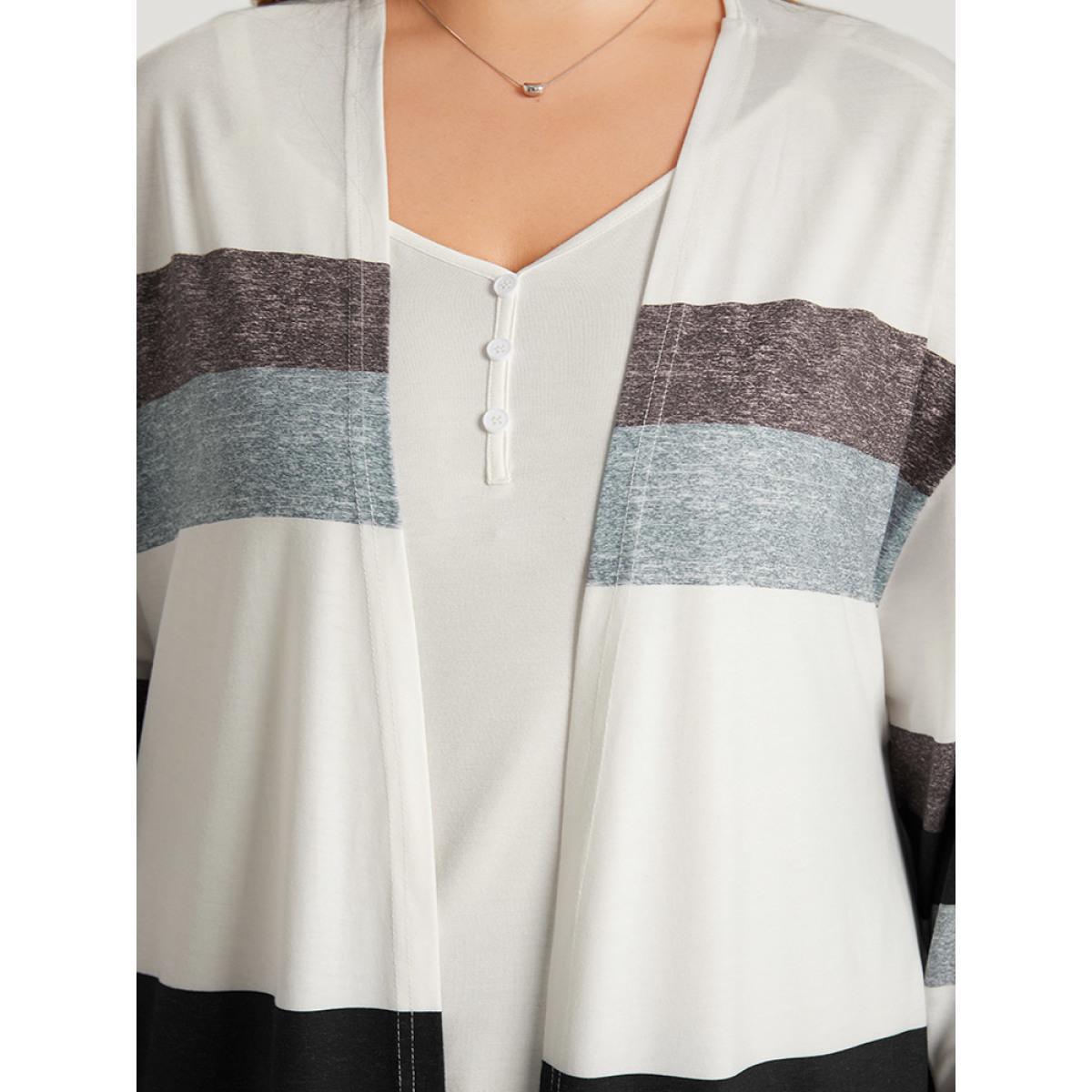 Plus Size Striped Contrast Pocket Open Front Kimono Women Multicolor Casual Contrast Loose Pocket Everyday Kimonos BloomChic 28/5X Product Image