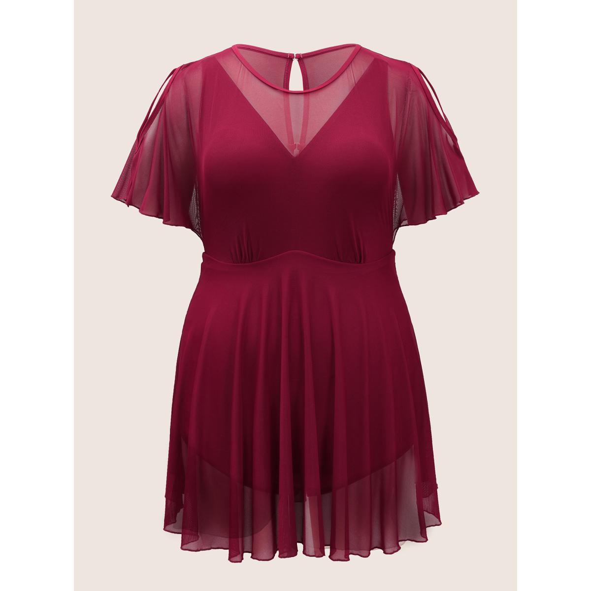 Plus Size Plain Flutter Sleeve Tiered Mesh Swim Dress Women's Swimwear Scarlet Beach Bodycon Round Neck High stretch Curve Swim Dresses BloomChic 14-16/1X Product Image