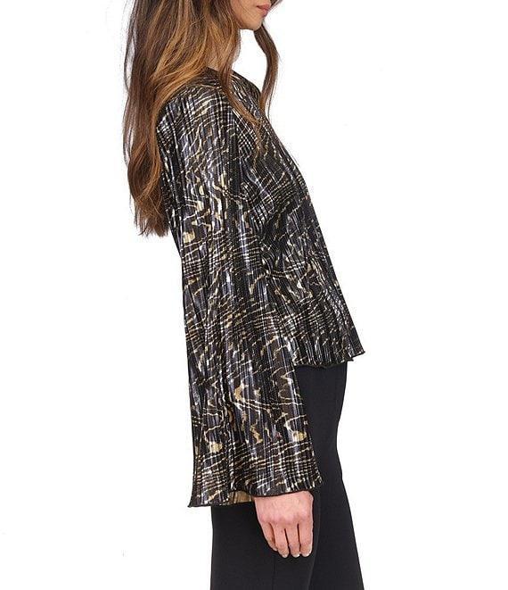 Michael Kors Pleated Foil Crew Neck Long Bell Sleeve Top Product Image