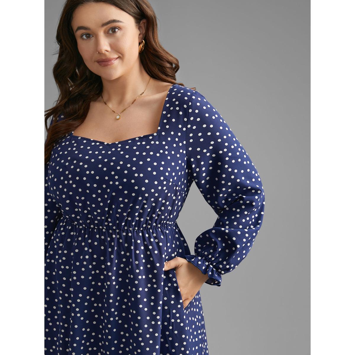 Plus Size Polka Dot Heart Neckline Midi Dress Indigo Women At the Office Ruffles Heart neckline Long Sleeve Curvy BloomChic 28/5X Product Image