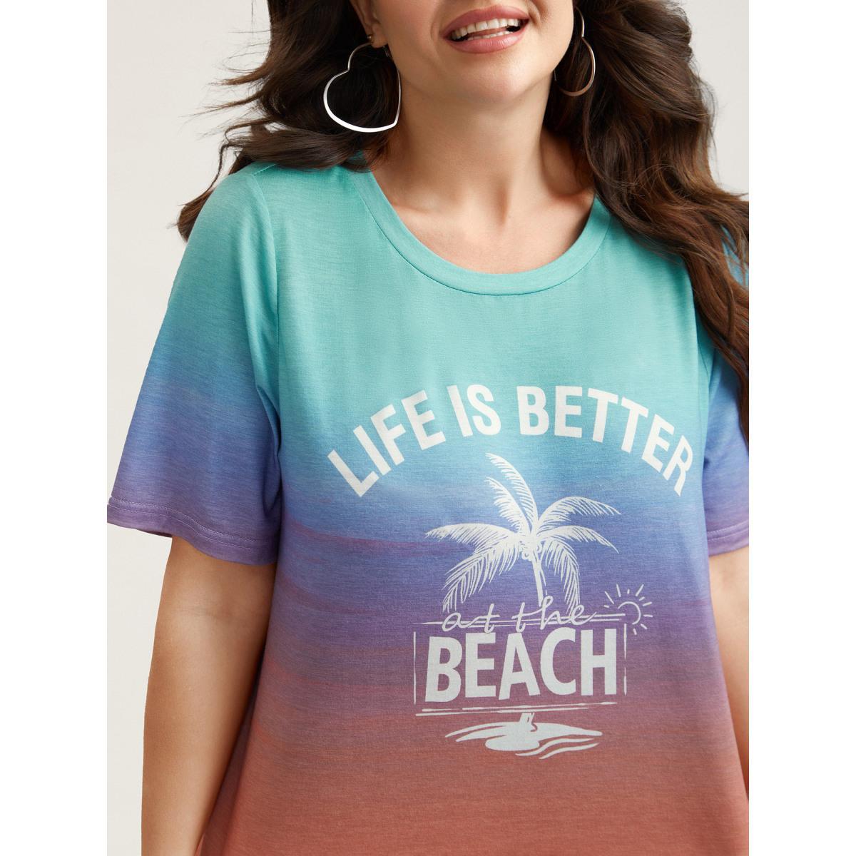 Plus Size Gradient Beach Print Fitted T-Shirt Multicolor Women Casual Contrast Tropical Round Neck Everyday T-shirts BloomChic 14-16/1X Product Image