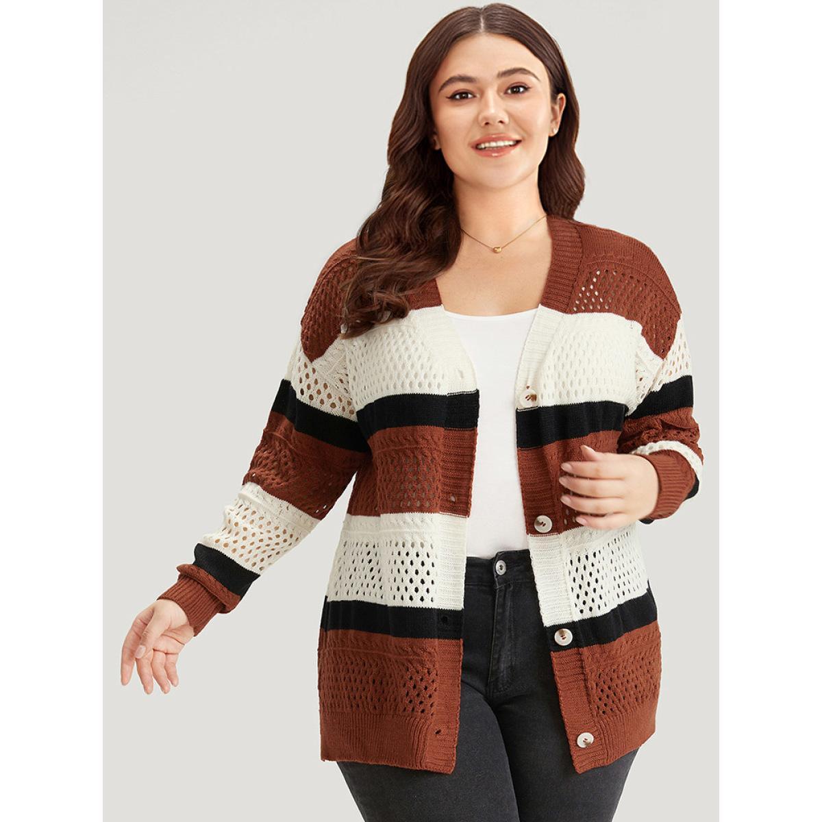 Plus Size Colorblock Contrast Geo Eyelet Button Through Cardigan Rust Women Casual Loose Long Sleeve Dailywear Cardigans BloomChic 26/4X Product Image
