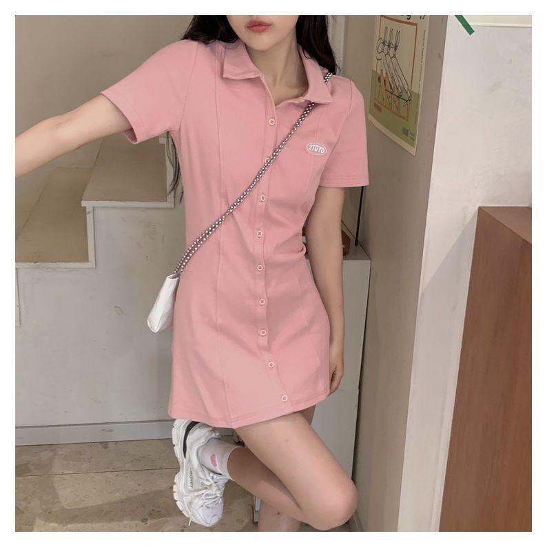Short-Sleeve Collar Lettering Mini T-Shirt Dress Product Image