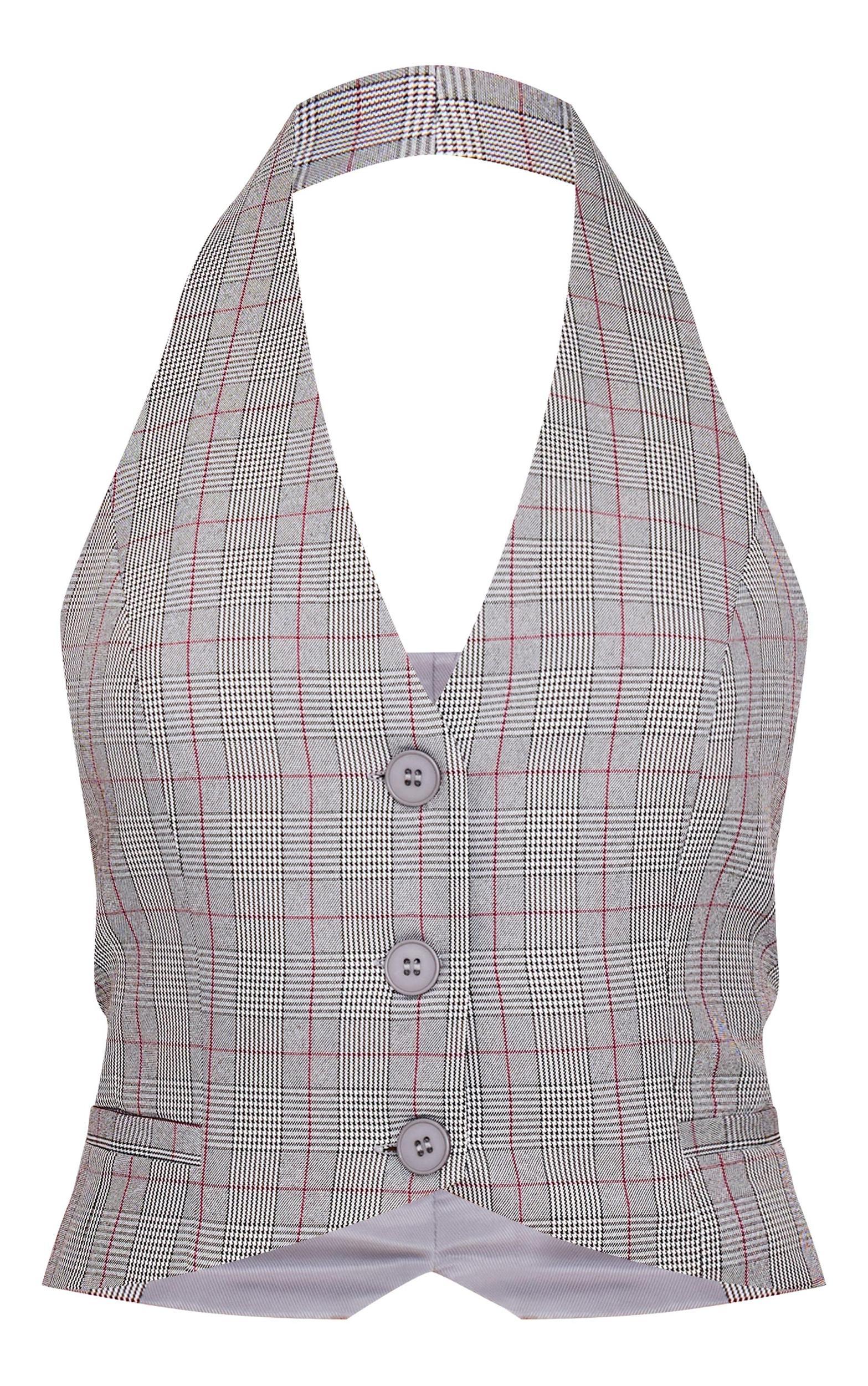 Grey Check Print Woven Tailored Halterneck Vest Product Image